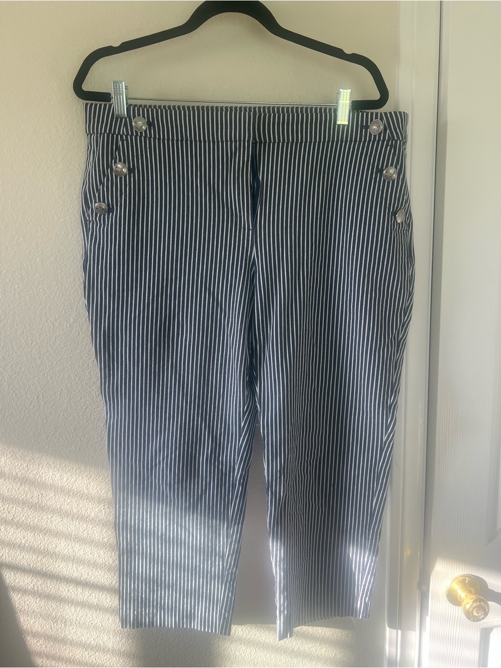 LOFT Navy and White Striped Cropped Sailor Pants